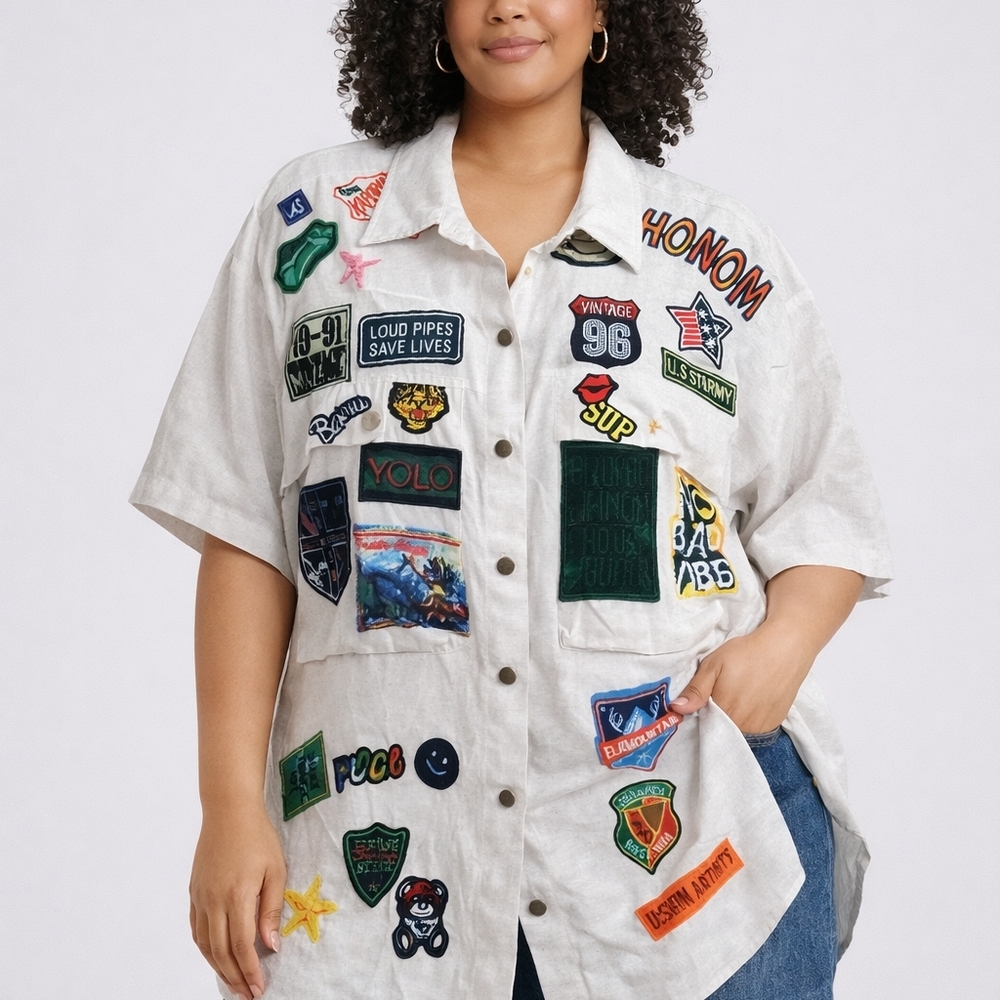 Womens White Embroidered Patch Button-Down Shirt … - image 1